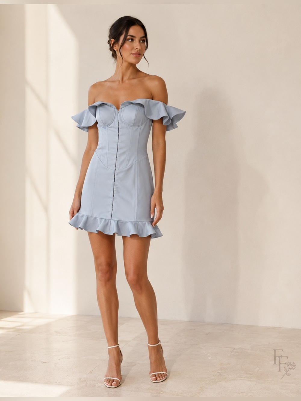 Lavish Alice Ice Blue Off Shoulder Corset Mini Dress Ruffle Hem US 4